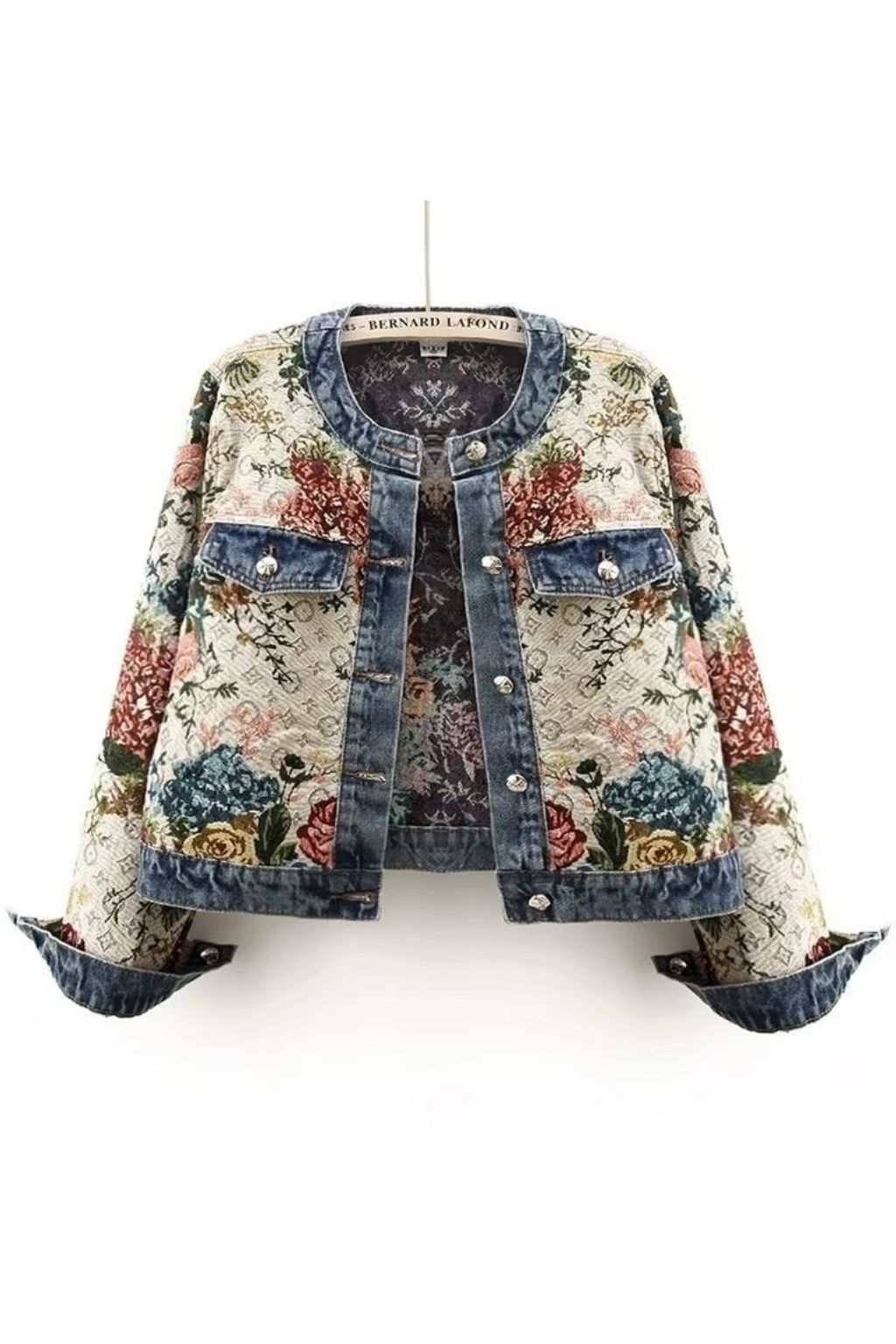 Jaqueta Jeans Feminina Estampada Gola Padre Roses
