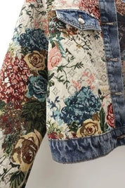 Jaqueta Jeans Feminina Estampada Gola Padre Roses