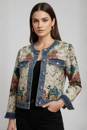Jaqueta Jeans Feminina Estampada Gola Padre Roses