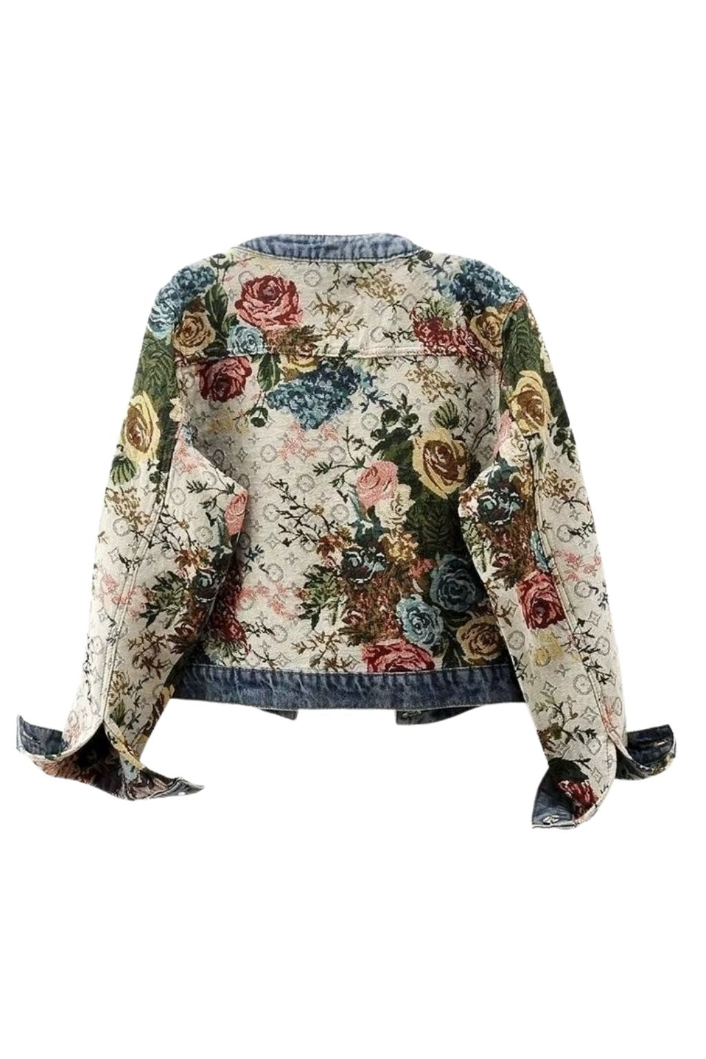 Jaqueta Jeans Feminina Estampada Gola Padre Roses