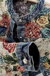 Jaqueta Jeans Feminina Estampada Gola Padre Roses