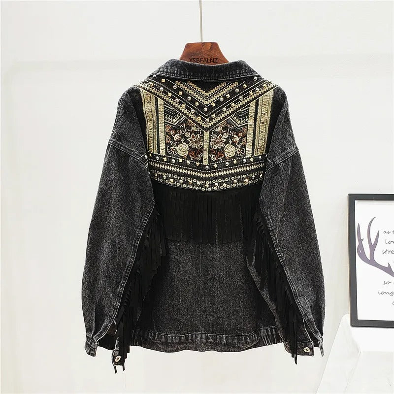 Jaqueta Jeans Feminina Com Franjas Country