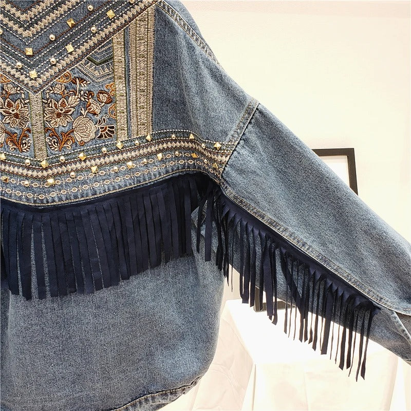 Jaqueta Jeans Feminina Com Franjas Country