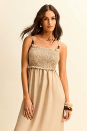 Vestido Midi Soltinho Bege Sem Mangas Oly
